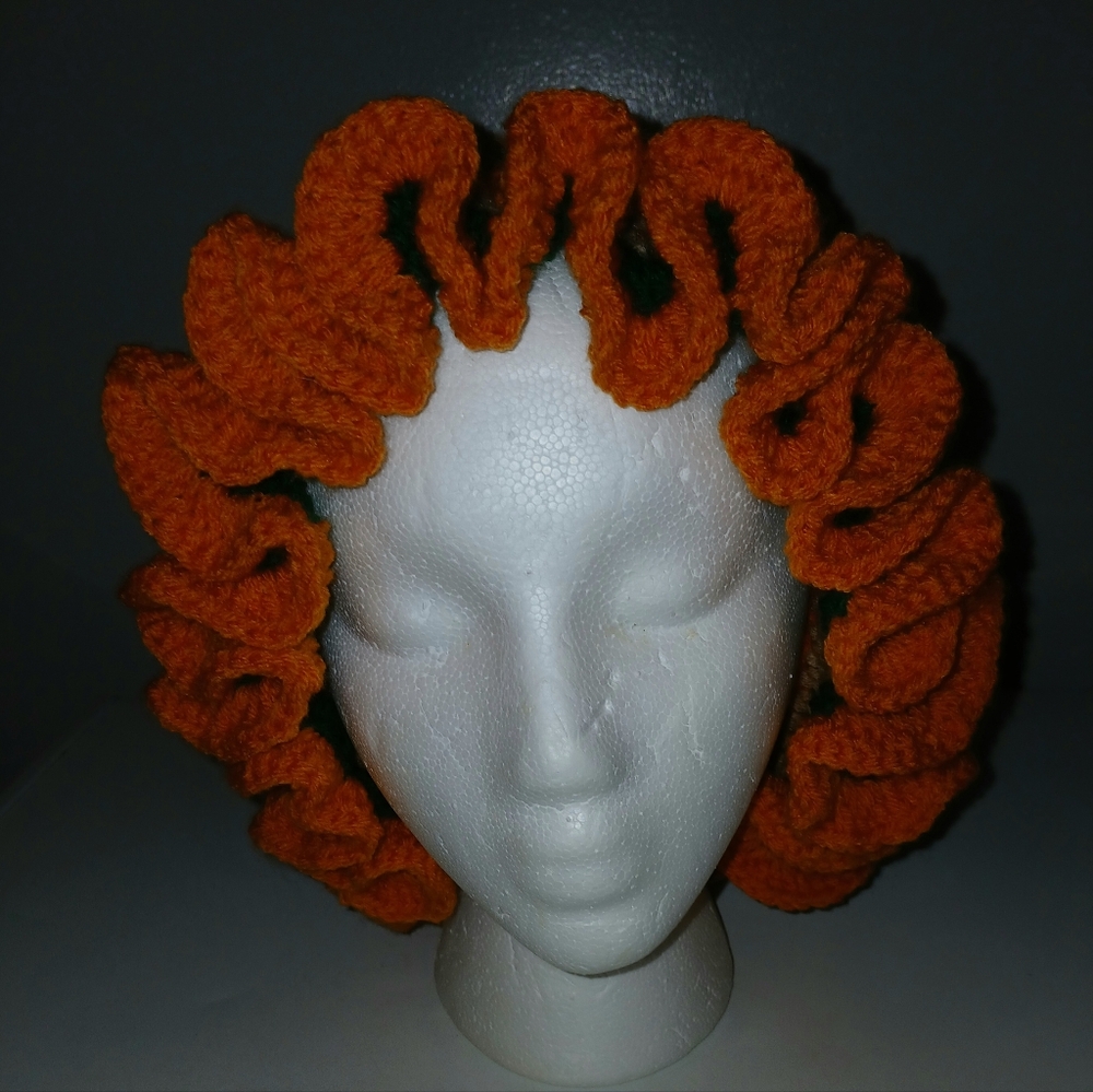 NWT Handmade Green, Orange & Tan Crochet Ruffle Hat.